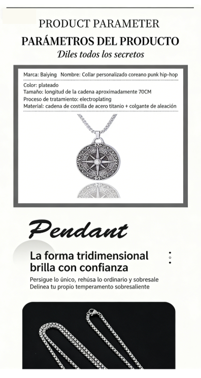 Nuevo colgante de aguja de brújula vintage. Hip-hop de hombres de verano de manga larga suéter cadena collar. Accesorio de moda.