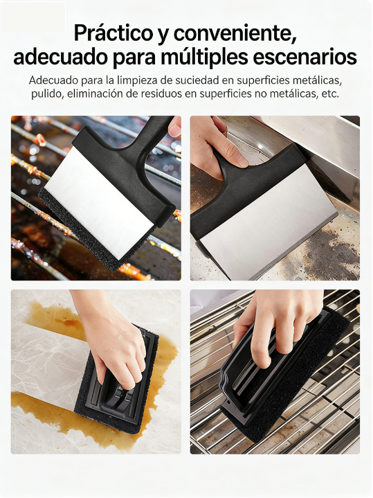 Espátula de limpieza de barbacoa de acero inoxidable, almohadilla de limpieza, piedra de limpieza, cepillo de limpieza, raspador de bandeja para hornear, juego de limpieza de placas de hierro